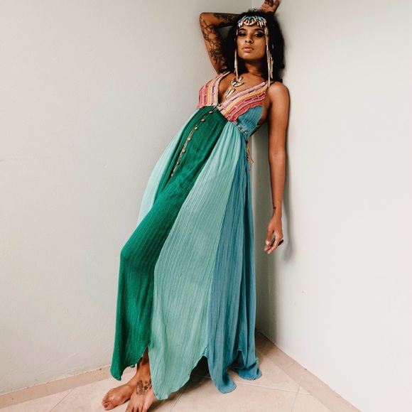 Free People l Teal Blue Bohemian Scarf Maxi Dress Music Festiva Whimsical Small - Picture 2 of 10